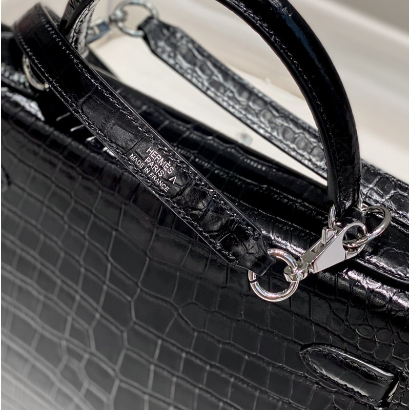 Hermès Croc Embossed Leather Classic Kelly 28 Handbag Black