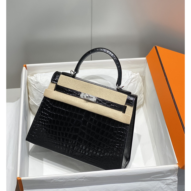 Hermès Croc Embossed Leather Classic Kelly 28 Handbag Black