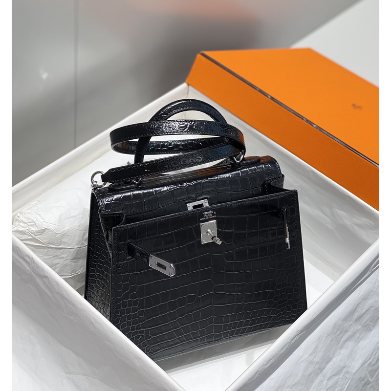 Hermès Croc Embossed Leather Classic Kelly 28 Handbag Black