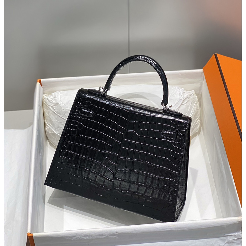 Hermès Croc Embossed Leather Classic Kelly 28 Handbag Black