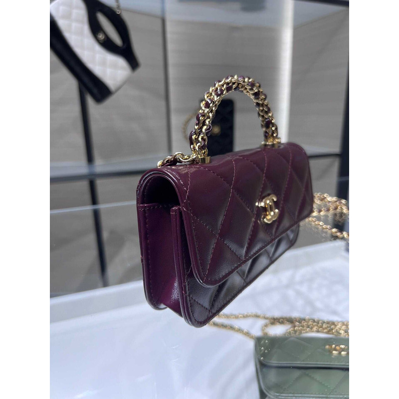 Ch*el flap phone holder with chain shiny lambskin & gold-tone metal burgundy