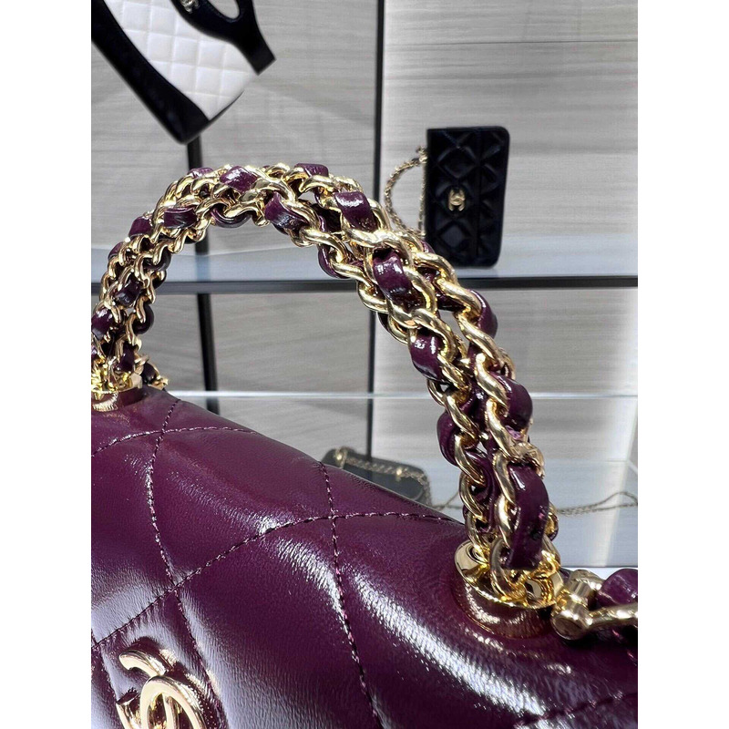 Ch*el flap phone holder with chain shiny lambskin & gold-tone metal burgundy