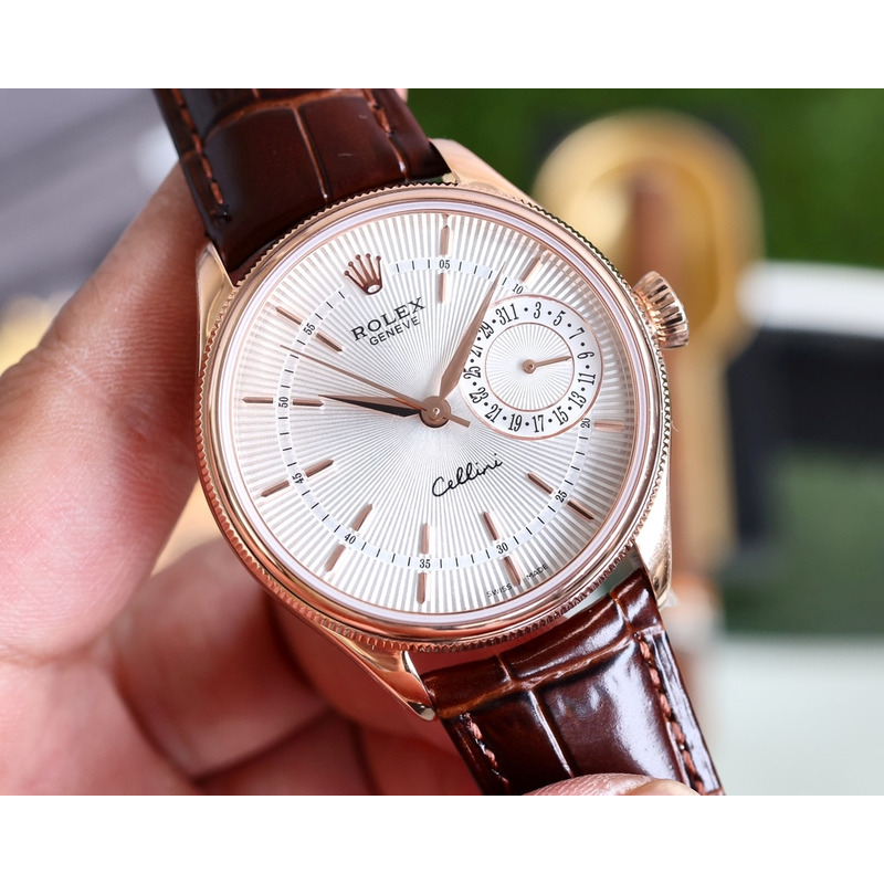 Rolex Cellini Date Watch  Everose Gold Silver Dial Brown Leather Strap