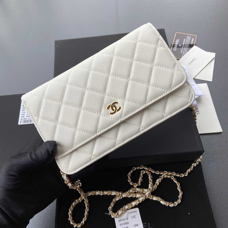 Ch*el 20c white caviar quilted wallet on chain woc light gold hardware