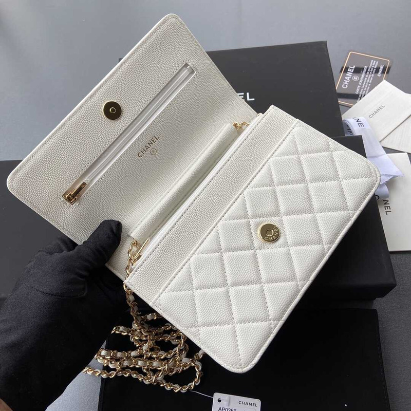 Ch*el 20c white caviar quilted wallet on chain woc light gold hardware