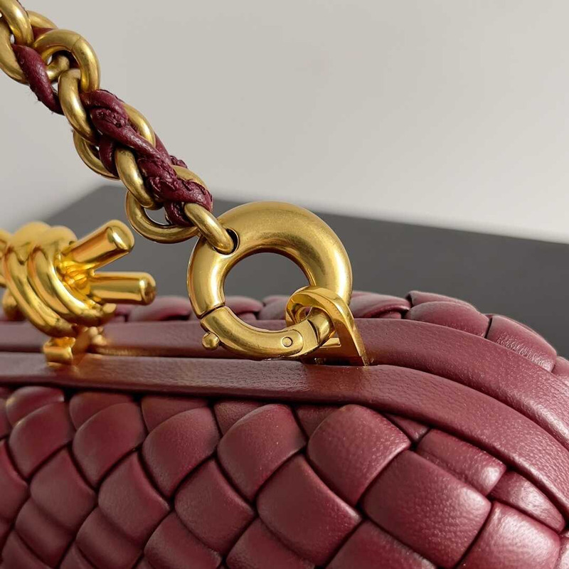 Bo*te*ga ve*ne*ta knot minaudiere clutch with chain in intreccio calfskin burgundy