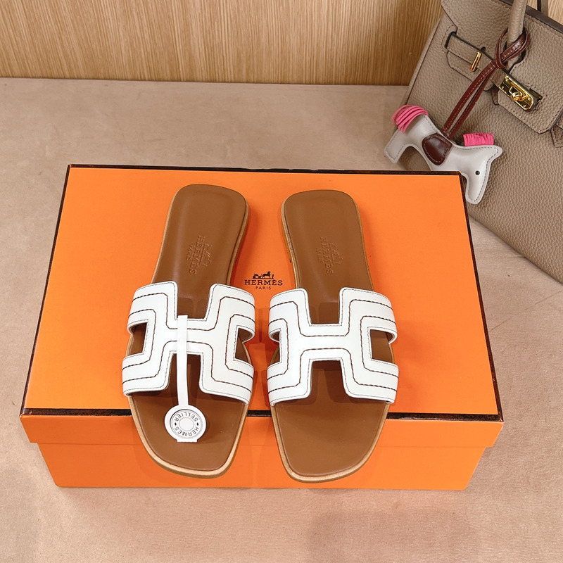 Hermès Oran Embroidered Calfskin Sandal White & Brown