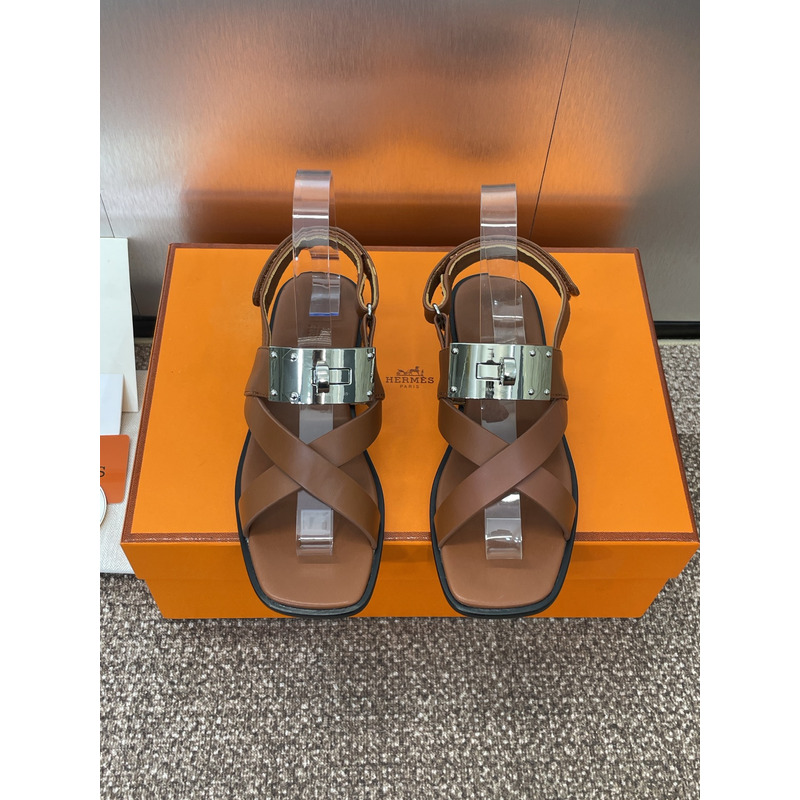 Hermès Ines Calfskin With Straps Brown Sandal