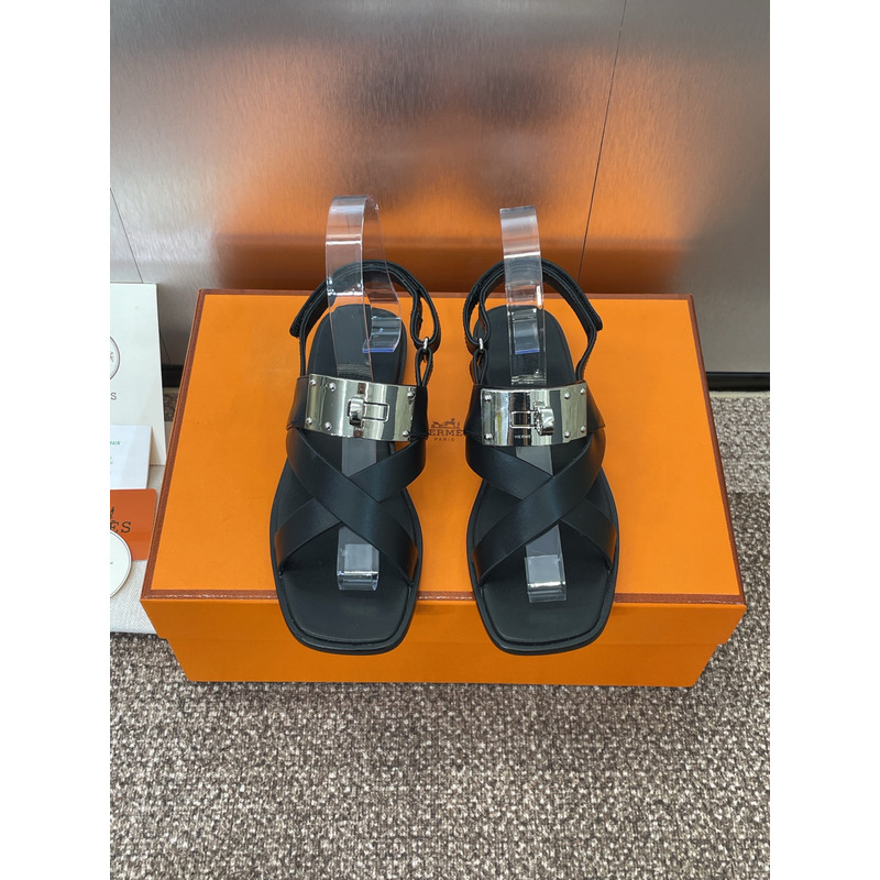 Hermès Ines Calfskin With Straps Black Sandal