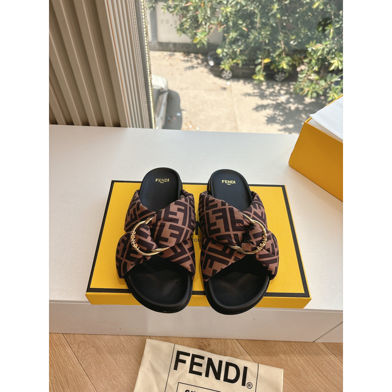 Fendi Brown FF Satin Slippers