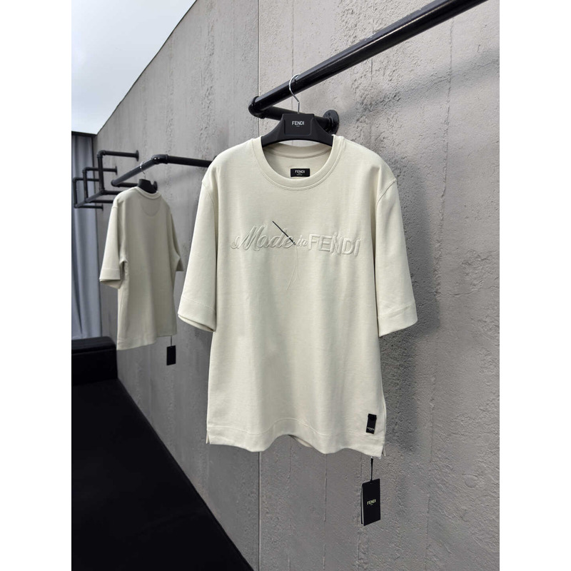 Fendi Logo Embroidered Cotton Light BeigeT-Shirt