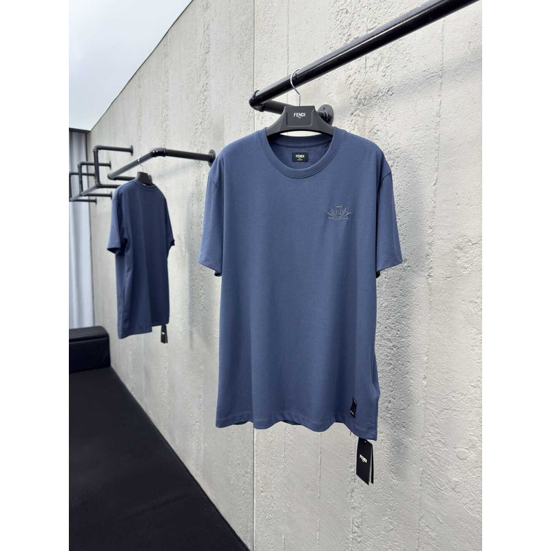 Fendi Grayish Blue Cotton With Fendi Crest T-Shirt