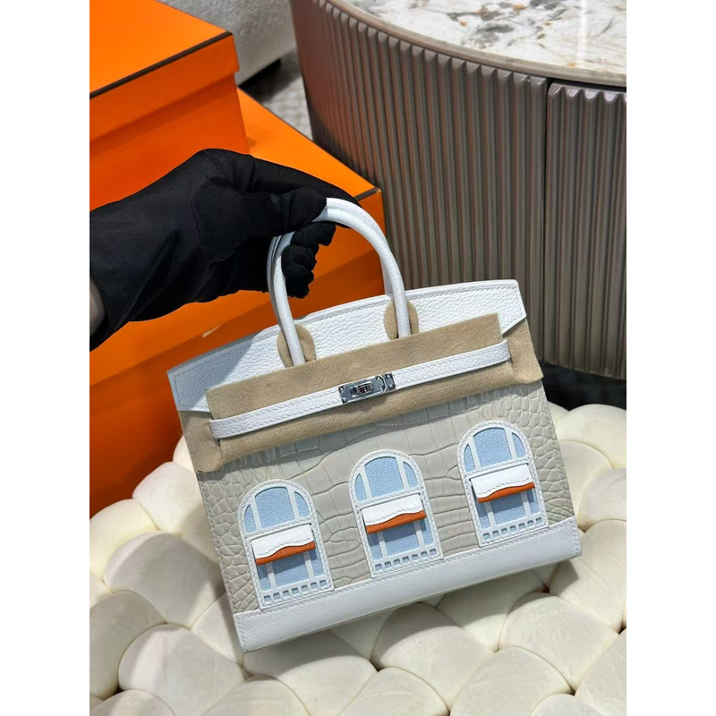 Hermes Birkin Faubourg 25 Snow White Alligator Togo Epsom Swift Leathers Silver Hardware
