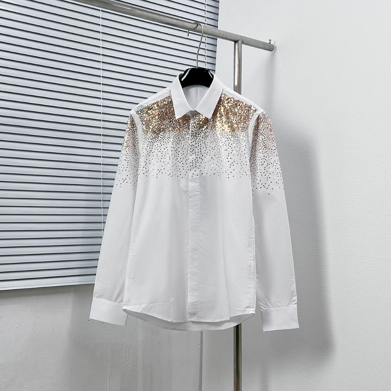 Saint Laurent Sequin Embroidery Embellished Long-Sleeved Shirt White