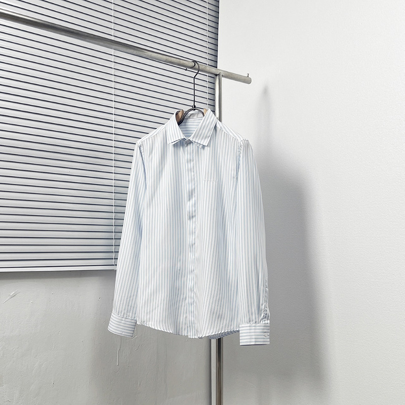 Dior Long-Sleeved Blue Vertical Stripe Shirt With Logo Embroidery White