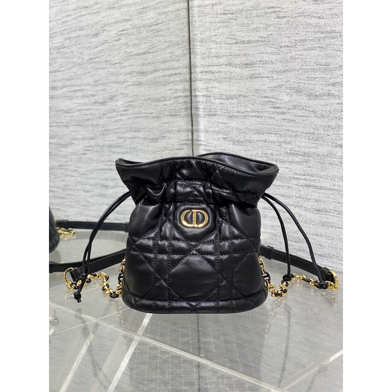 Dior Miss Caro Mini Bucket Bag With Drawstring Black Macrocannage Lambskin