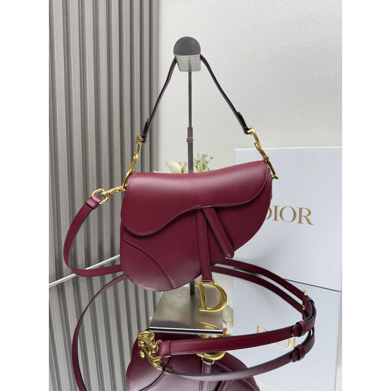 Dior Saddle Bag with Strap Cherry Red Grained Calfskin