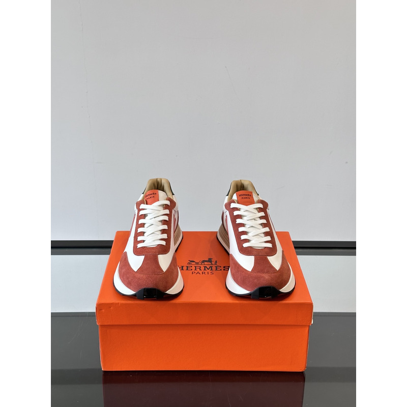 Hermes Logo Sneaker White And Reddish Brown