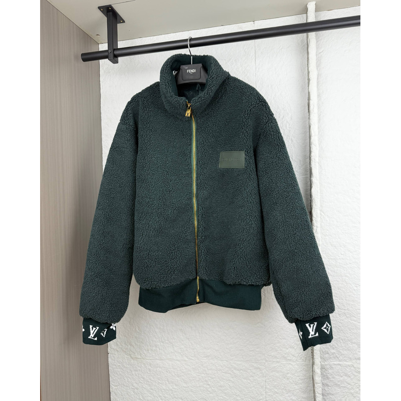 Louis Vuitton Leather Patch Fleece Blouson Dark Green