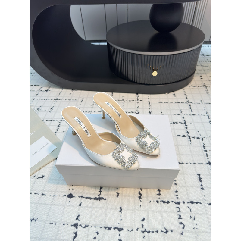 Manolo Blahnik White Satin Hangisi Crystal Embellished Mules