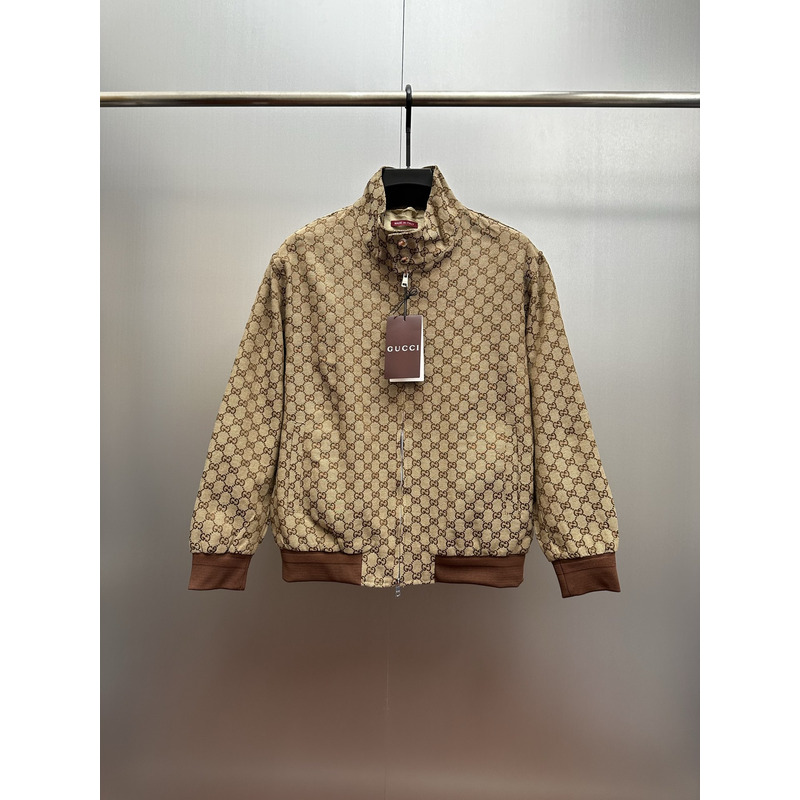 Gucci GG Canvas Bomber Jacket In Camel And Dark Brown