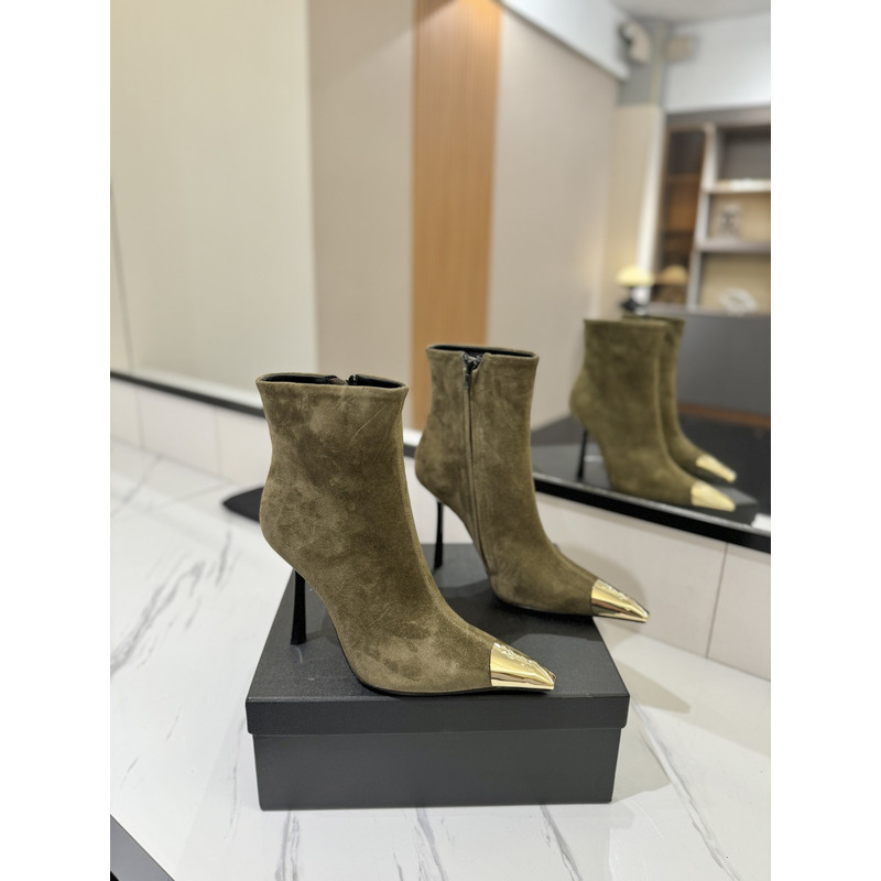 Saint Laurent Olive Suede Ankle Boots With Gold-Tone Toe Cap