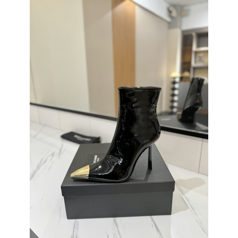 Saint Laurent Black Patent Leather Ankle Boots With Gold-Tone Toe Cap