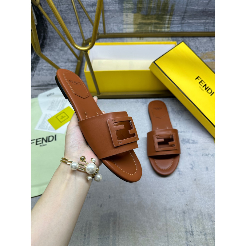 Fendi Baguette Brown Leather Slides