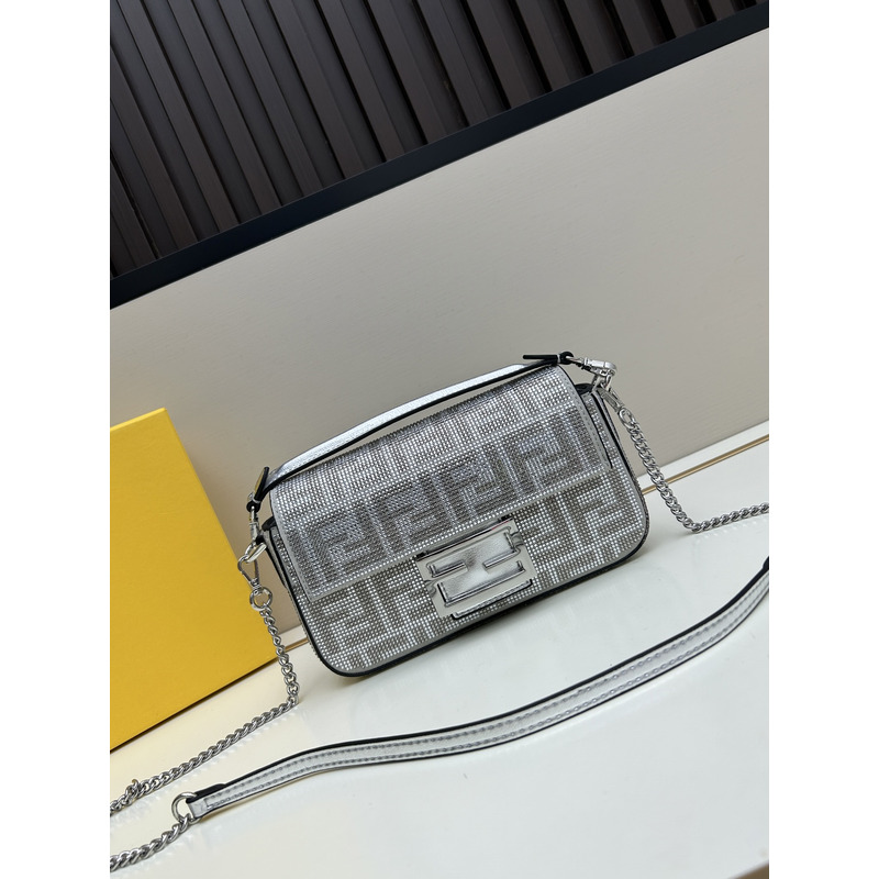 Fendi Baguette Mini Silver Leather Bag With Crystal FF Motif