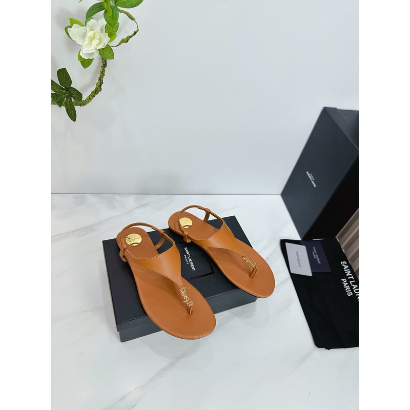 Saint Laurent Cassandre Thong Sandals In Brown Leather