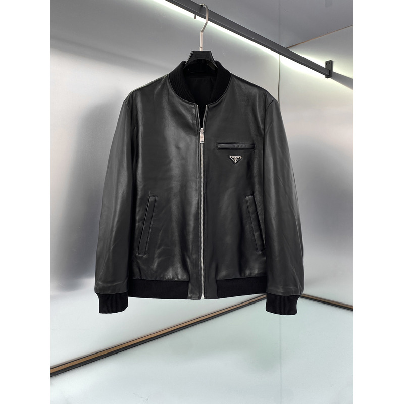Prada Black Leather Bomber Jacket With Triangle Logo
