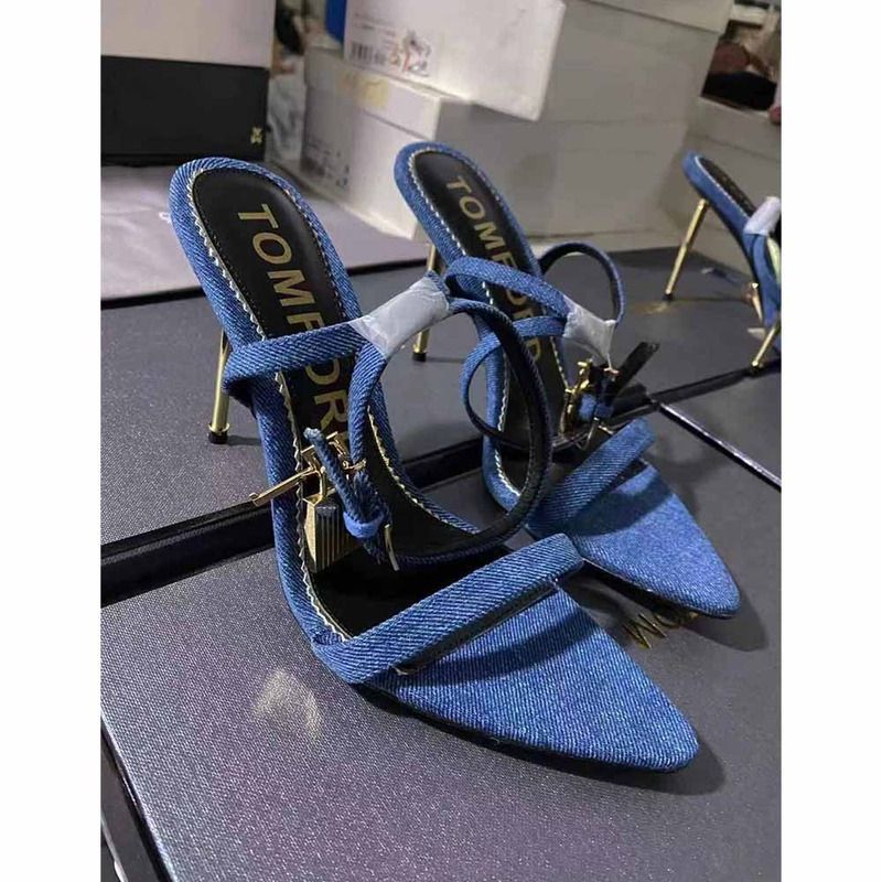 Tom Ford 10CM Denim Lock& Key Stiletto Sandals