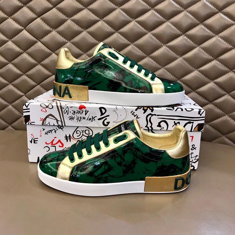 Dolce & Gabbana Green/Gold Leaf Print PVC and Leather Low-Top Sneakers