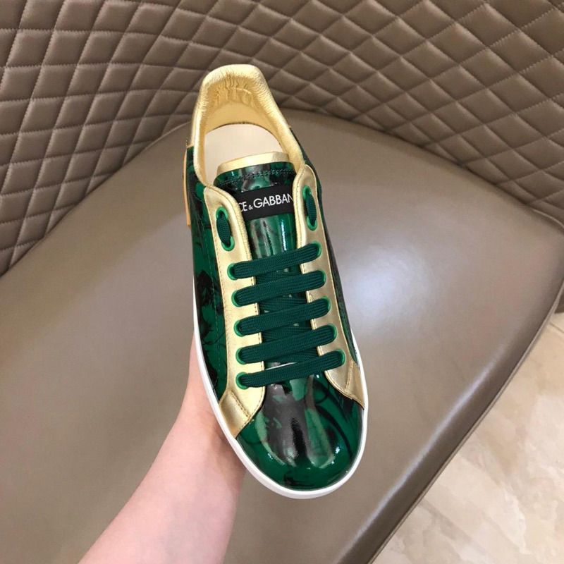 Dolce & Gabbana Green/Gold Leaf Print PVC and Leather Low-Top Sneakers