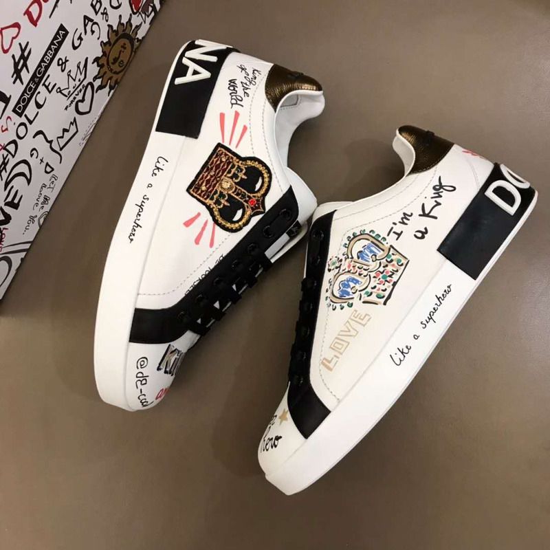 Dolce & Gabbana Portofino Sneakers in Printed Nappa Calfskin With Patch in White