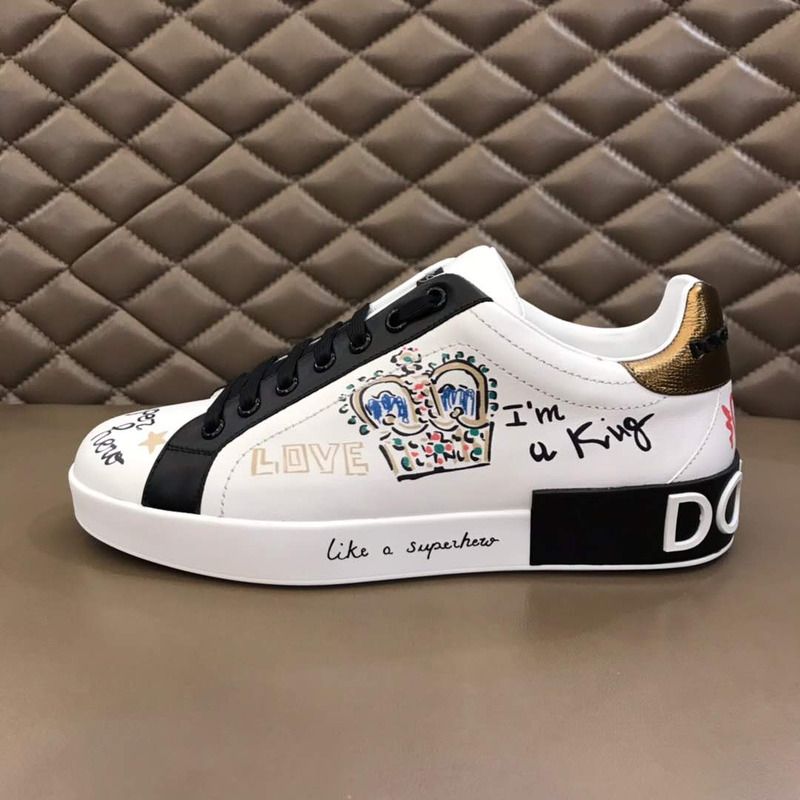 Dolce & Gabbana Portofino Sneakers in Printed Nappa Calfskin With Patch in White