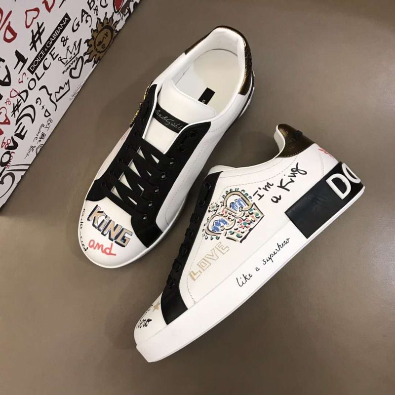 Dolce & Gabbana Portofino Sneakers in Printed Nappa Calfskin With Patch in White