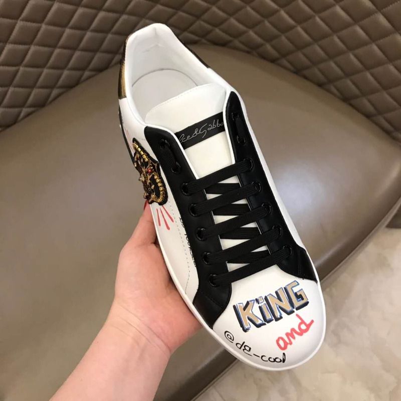 Dolce & Gabbana Portofino Sneakers in Printed Nappa Calfskin With Patch in White