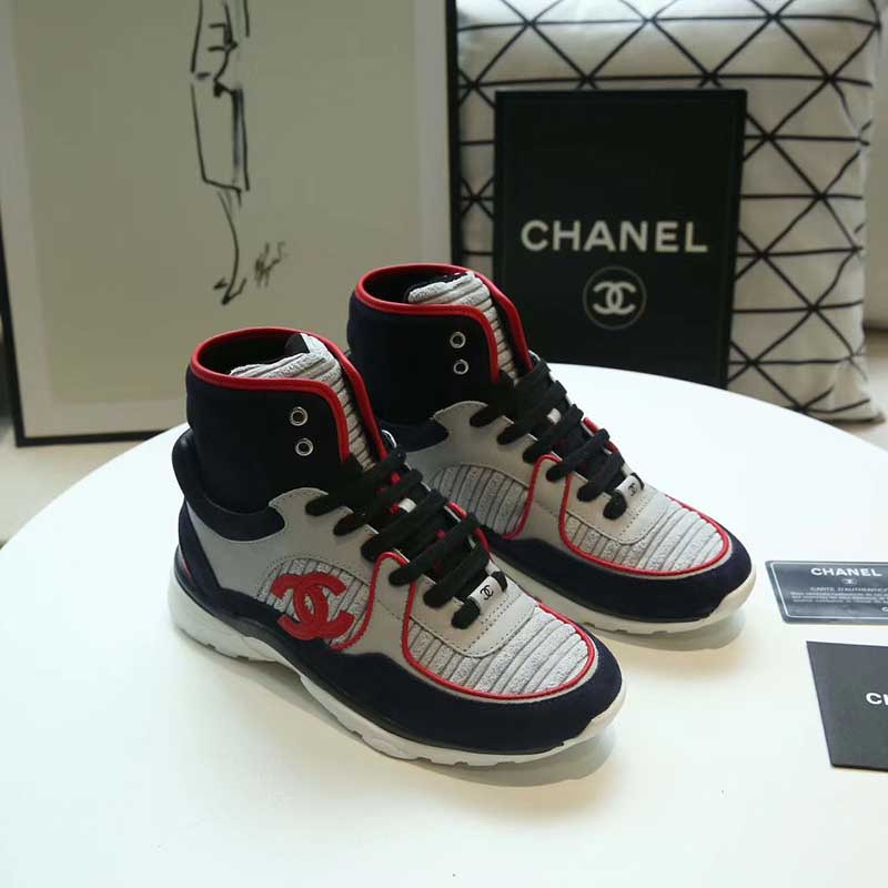 Ch*el red logo satin high top sneakers in grey