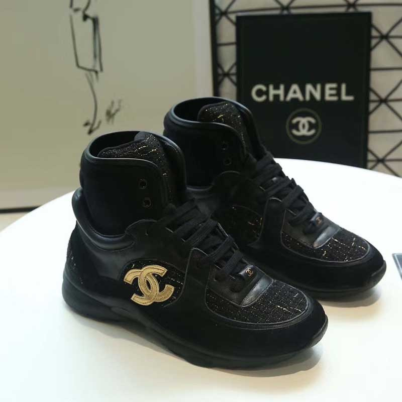 Ch*el gold logo satin high top sneakers in black