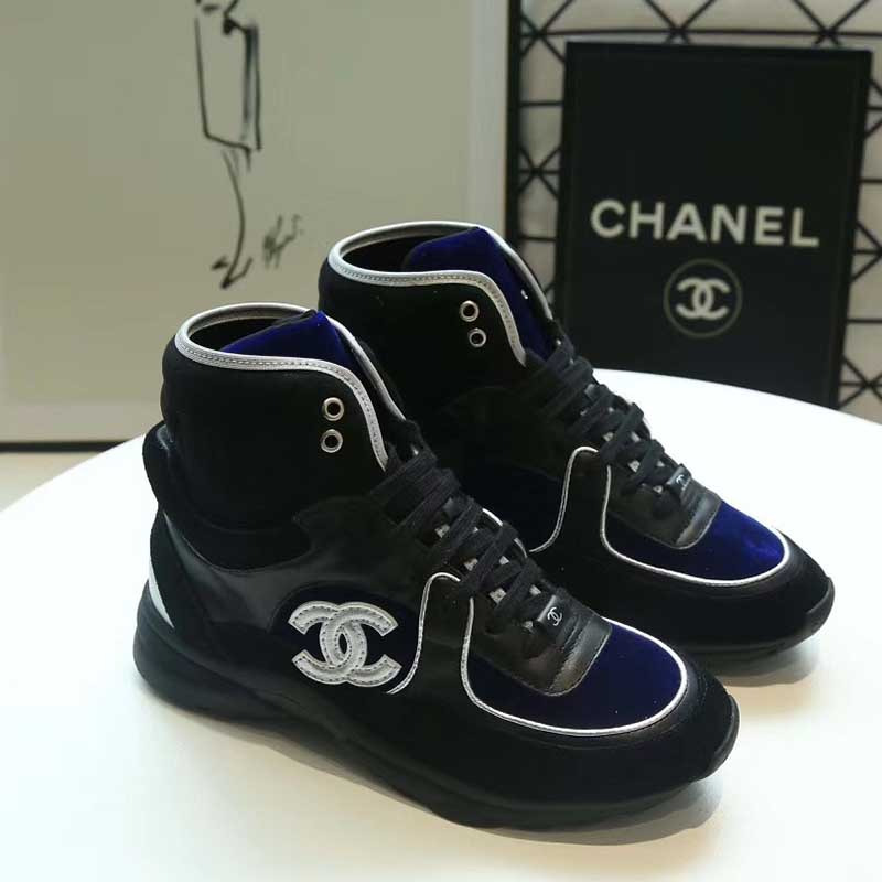 Ch*el white logo satin high top sneakers in black & blue