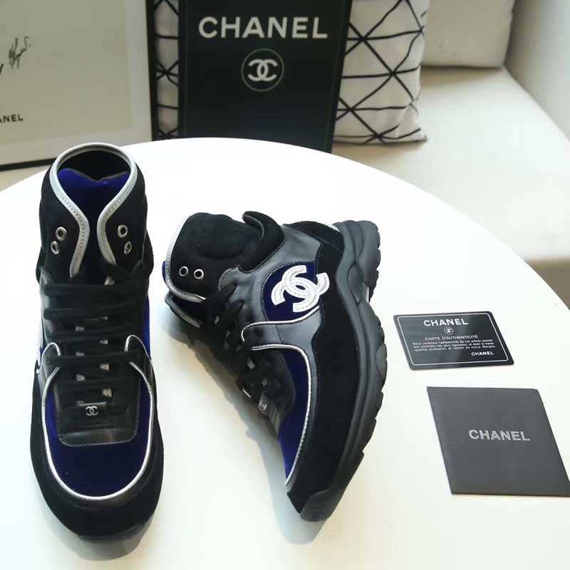 Ch*el white logo satin high top sneakers in black & blue