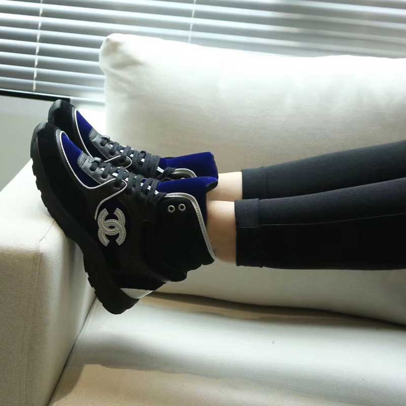 Ch*el white logo satin high top sneakers in black & blue