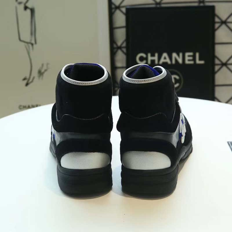 Ch*el white logo satin high top sneakers in black & blue