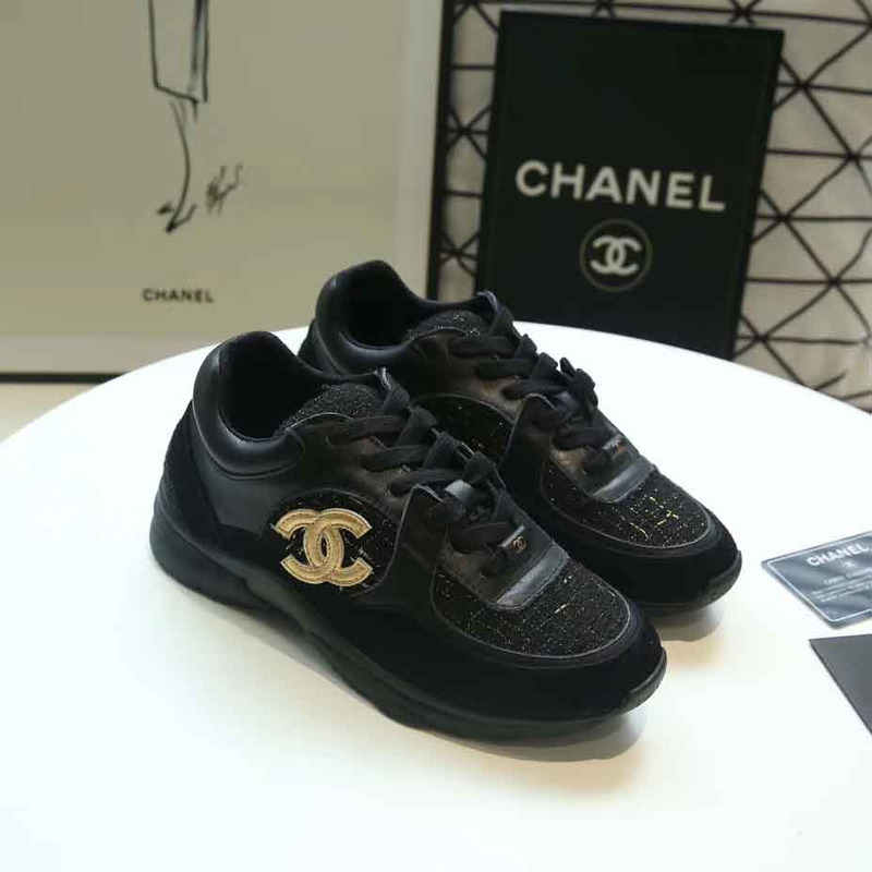 Ch*el suede calfskin sneakers in black & gold logo