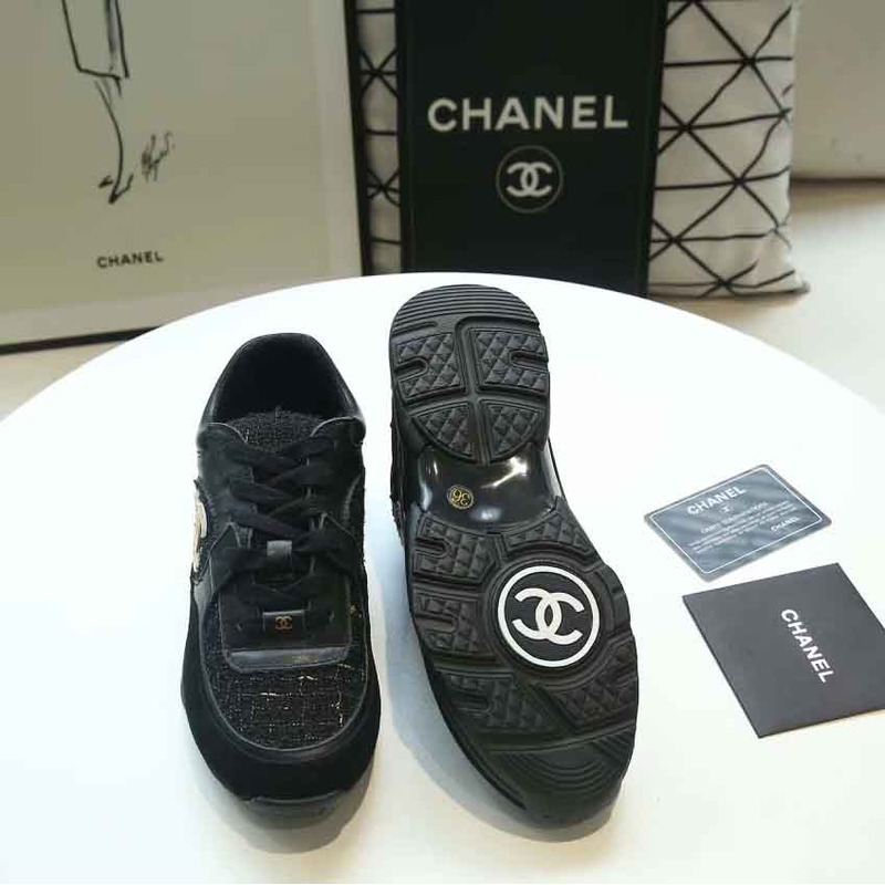 Ch*el suede calfskin sneakers in black & gold logo