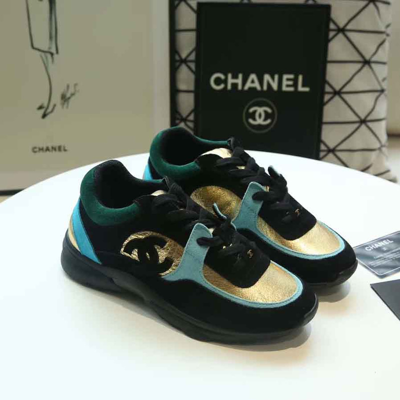 Ch*el fabric & suede calfskin sneakers in black, turquoise & gold