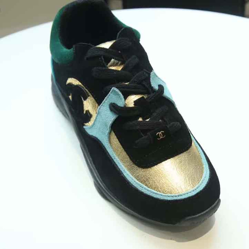 Ch*el fabric & suede calfskin sneakers in black, turquoise & gold