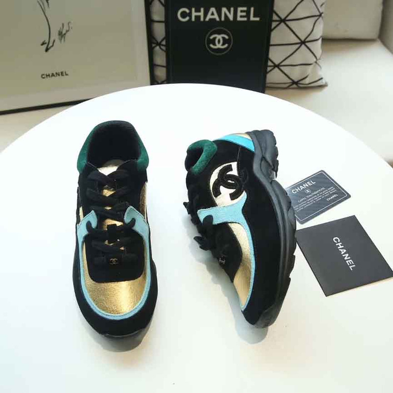 Ch*el fabric & suede calfskin sneakers in black, turquoise & gold