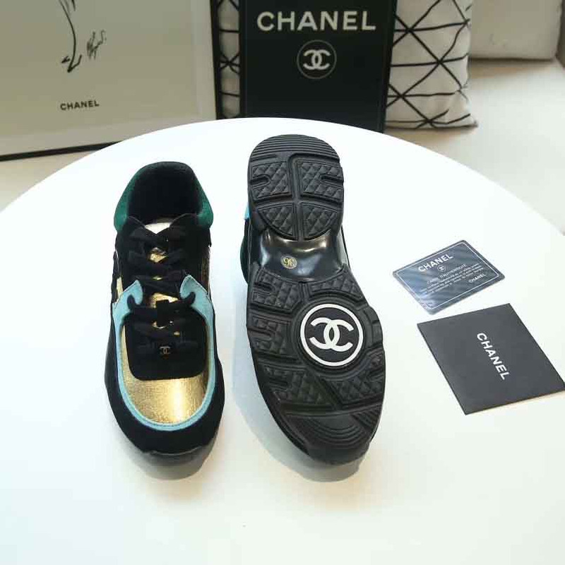 Ch*el fabric & suede calfskin sneakers in black, turquoise & gold